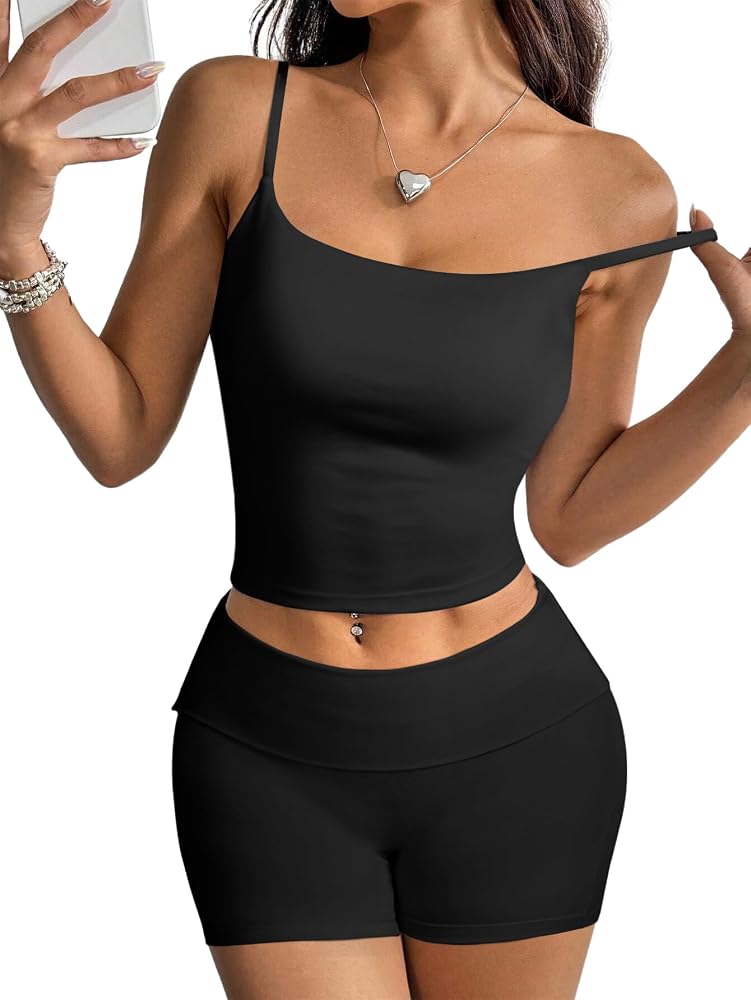 2 Piece Lounge Matching Sets Padded Workout Set Cami Tank Top Fold Over Shorts Summer Outfits, Black