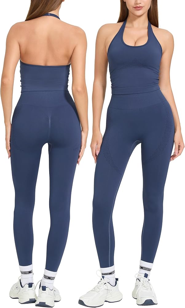 2 Piece Workout Sets Halter Sports Bra Butt Lifting Leggings Gym Yoga Outfits, Blue