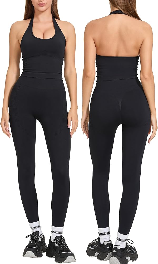 2 Piece Workout Sets Halter Sports Bra Butt Lifting Leggings Gym Yoga Outfits