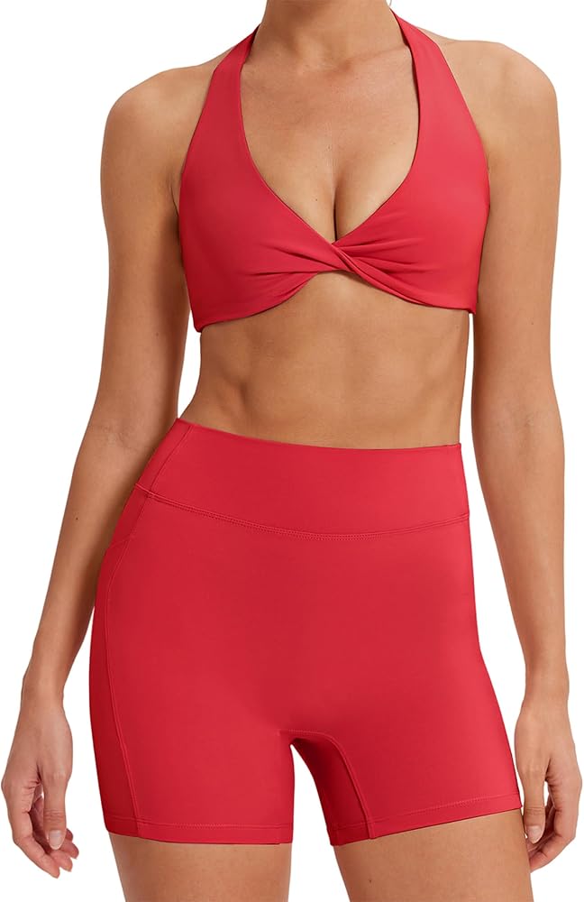 2 Piece Workout Sets Longline Sports Bra Tank Tops Tummy Control Gym Shorts Pilates Outfits, Red