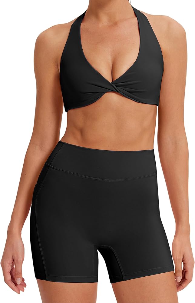 2 Piece Workout Sets Longline Sports Bra Tank Tops Tummy Control Gym Shorts Pilates Outfits