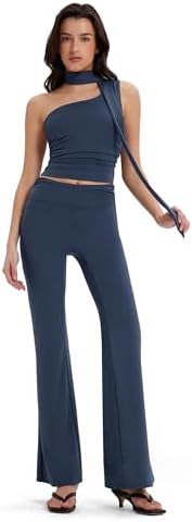 3 Piece Matching Lounge Sets Flare Pants One Shoulder Top Scarf Y2K Athleisure Going Out Outfits, Navy