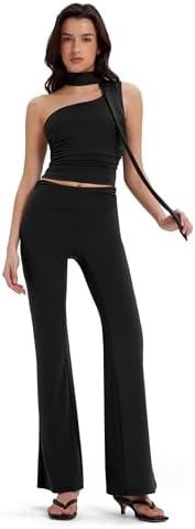 3 Piece Matching Lounge Sets Flare Pants One Shoulder Top Scarf Y2K Athleisure Going Out Outfits