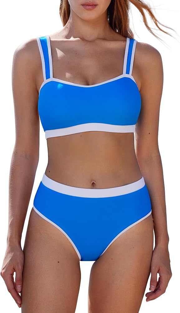 Bandeau High Waisted Bikini Sets Cheeky High Cut Swimsuit 2 Piece Bathing Suits, Blue