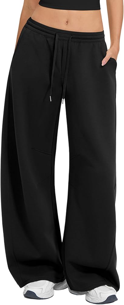 Barrel Sweatpants Baggy Wide Leg Pants Elastic Waisted Drawstring Lounge Sweat Pants with Pockets, Black