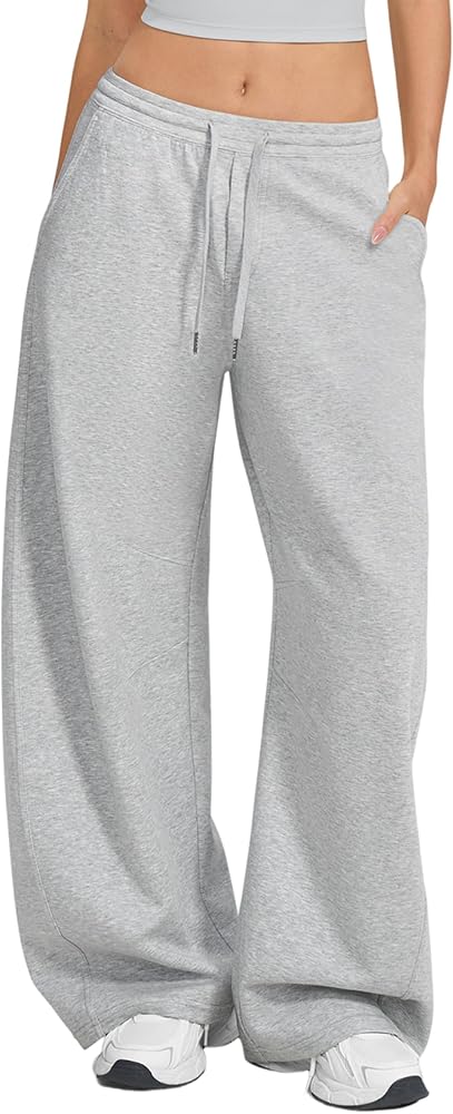 Barrel Sweatpants Baggy Wide Leg Pants Elastic Waisted Drawstring Lounge Sweat Pants with Pockets, Heather Grey