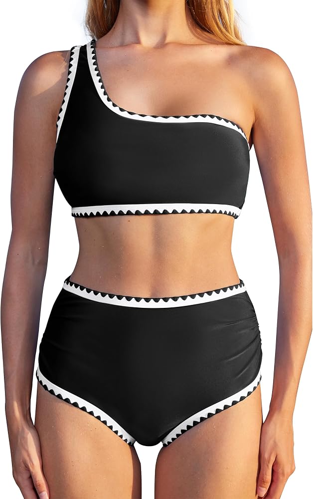 Bikini Sets One Shoulder High Waisted Swimsuit Whip Stitch 2 Piece Bathing Suits