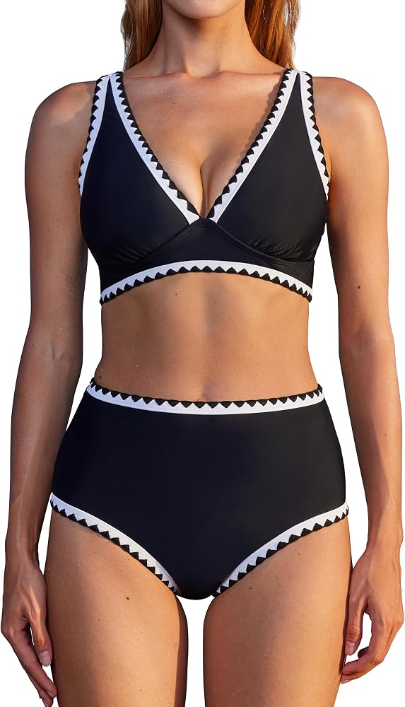 Bikini Sets Plunging High Waisted Swimsuit Whip Stitch 2 Piece Bathing Suits