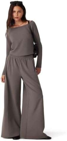 Boat Neck 2 Piece Sets Sweatsuits Wide Leg Sweatpants Lounge Sets Airport Travel Matching Sets Outfit, Brown