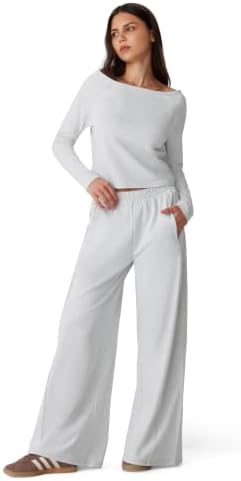 Boat Neck 2 Piece Sets Sweatsuits Wide Leg Sweatpants Lounge Sets Airport Travel Matching Sets Outfit, Heather Grey