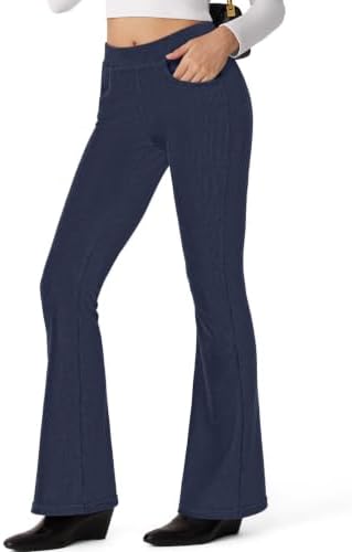 Bootcut Corduroy Pants Flare Elastic Waist Pull On Trousers, Navy Blue