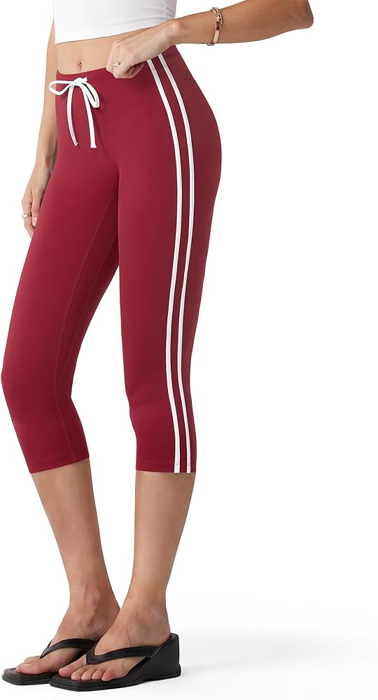 Capri Leggings Side Striped Drawstring Crop Yoga Pants Capris Tight, Red