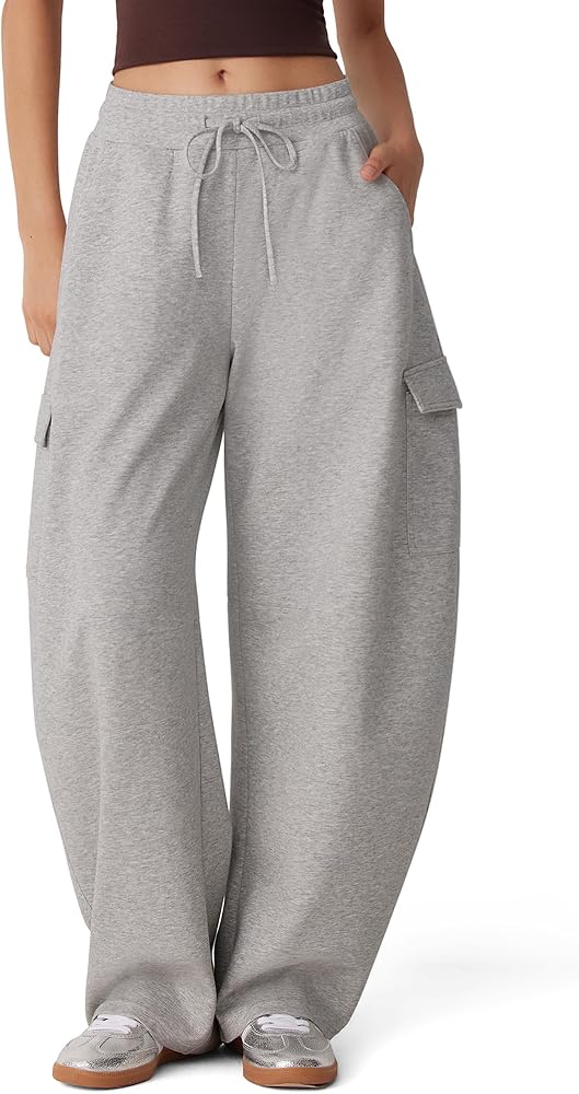 Cargo Barrel Sweatpants Baggy Wide Leg Joggers Sweatpants Drawstring Lounge Pants with Pockets, Heather Grey