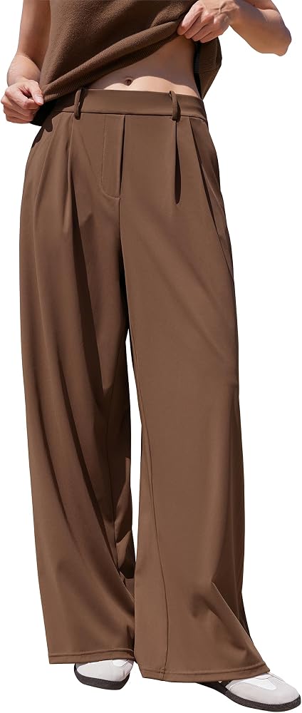 Casual Wide Leg Cargo Pants Stretch High Waisted Pull On Lounge Work Pants with Pockets, Brown