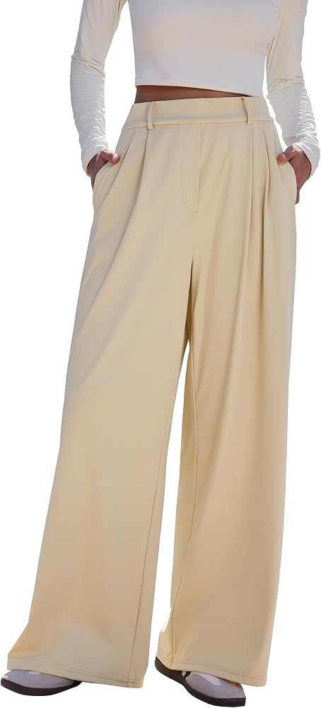 Casual Wide Leg Cargo Pants Stretch High Waisted Pull On Lounge Work Pants with Pockets, Off White