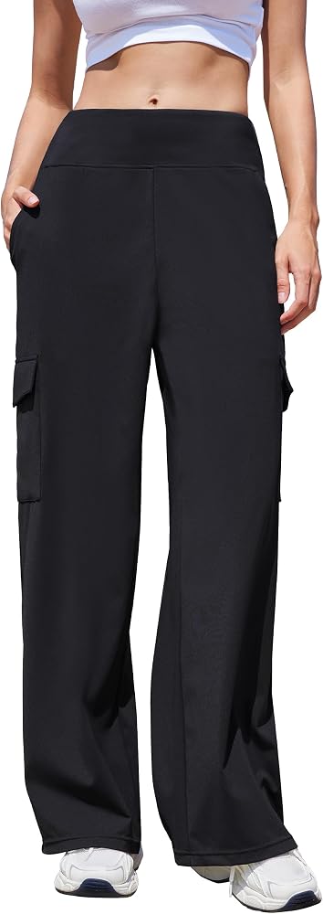 Casual Wide Leg Cargo Pants Stretch High Waisted Pull On Lounge Work Pants with Pockets