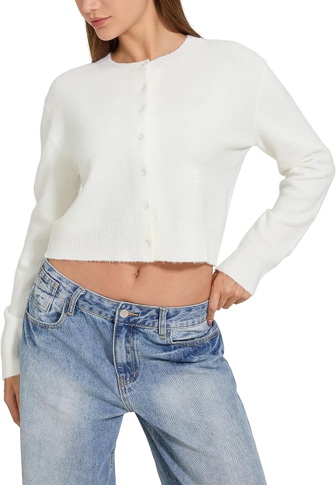 Cropped Cardigan Sweaters Long Sleeve Button Up Fall Fashion Knit Top Trendy Y2k Outfits, White