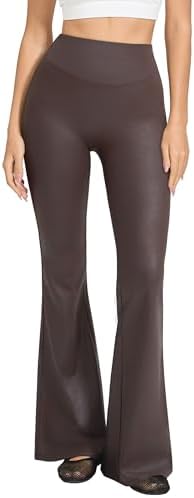 Faux Leather Flare Leggings Stretch PU Coated High Waisted Bell Bottom Pants, Brown