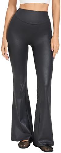 Faux Leather Flare Leggings Stretch PU Coated High Waisted Bell Bottom Pants