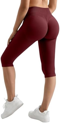 Hidden Scrunch Butt Lifting Capri Leggings High Waisted Seamless Compression Tummy Control Yoga Pants, Burgundy