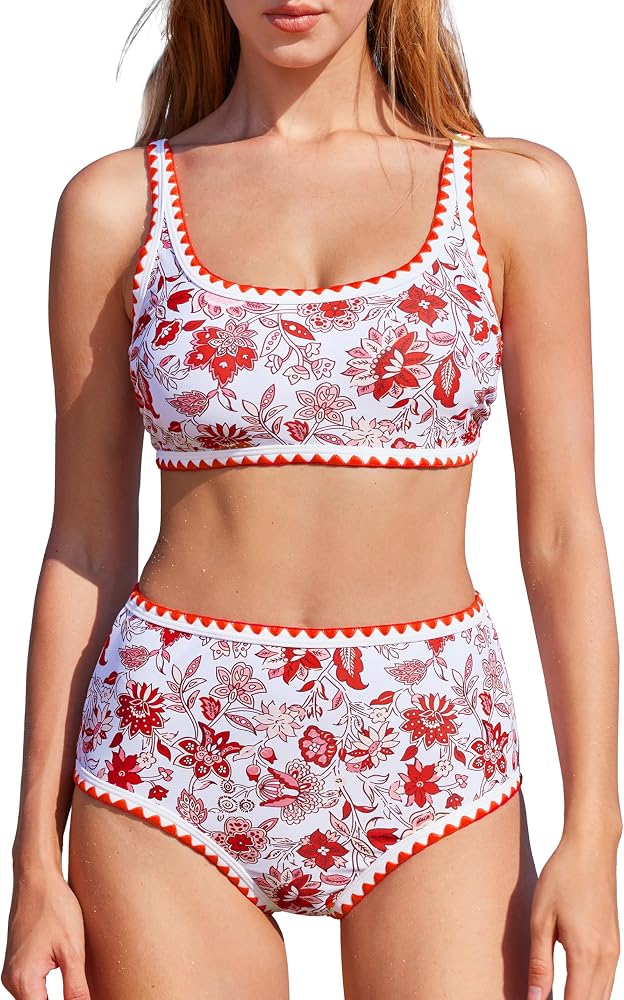 High Waisted Bikini Sets Full Coverage Two Piece Swimsuit Retro Floral Modest Bathing Suit