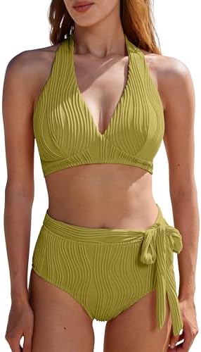 High Waisted Bikini Sets Push Up Halter Two Piece Swimsuit Tummy Control Bathing Suit