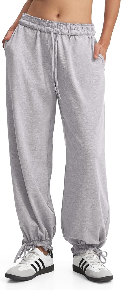 Lightweight Cotton Jogger Pants Baggy Elastic Cuff Comfy Pants for Summer Casual Lounge Active, Heather Gray