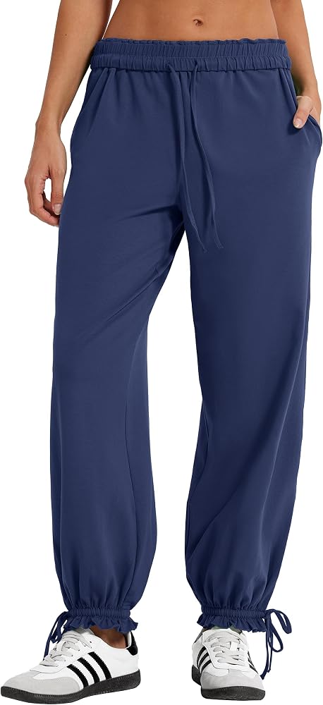 Lightweight Cotton Jogger Pants Baggy Elastic Cuff Comfy Pants for Summer Casual Lounge Active, Navy Blue