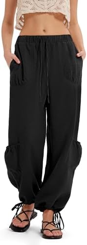Linen Capri Pants Wide Leg Cropped Pants Summer Beach Travel Vacation Outfits with Pockets, Z-black