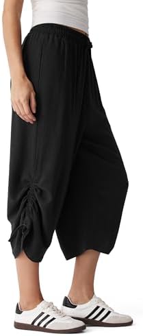Linen Capri Pants Wide Leg Cropped Pants Summer Beach Travel Vacation Outfits with Pockets