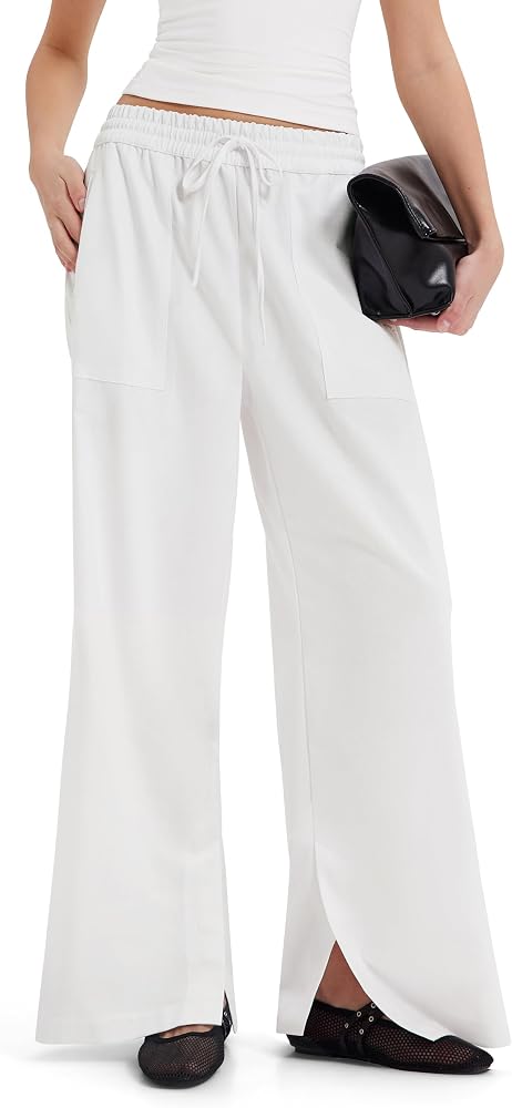 Linen Drawstring Dress Pants Business Casual Straight Leg Pants Loose Palazzo Pants with Pocket, White