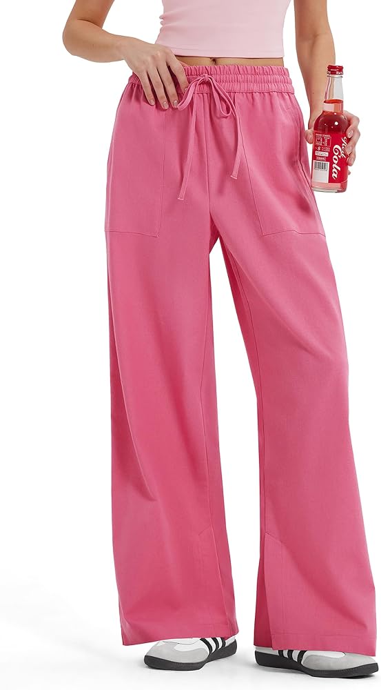 Linen Drawstring Dress Pants Business Casual Straight Leg Pants Loose Palazzo Pants with Pocket