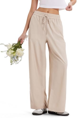 Linen Flowy Straight Leg Pants Cotton Drawstring Dress Pants Casual Loose Palazzo Pants with Pocket