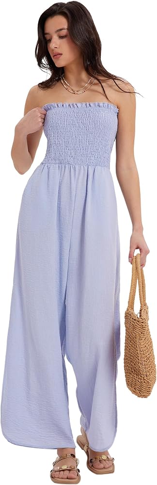 Linen Jumpsuits Strapless Wide Leg Palazzo Pants Romper 2026 Resort Wear Beach Vacation Outfits, Light Blue