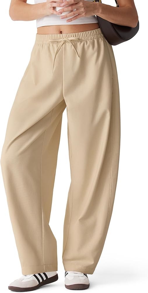 Linen Lightweight Barrel Pants Drawstring Comfort Casual Lounge Pants Baggy Loose Ankle Pants with Pocket, Khaki