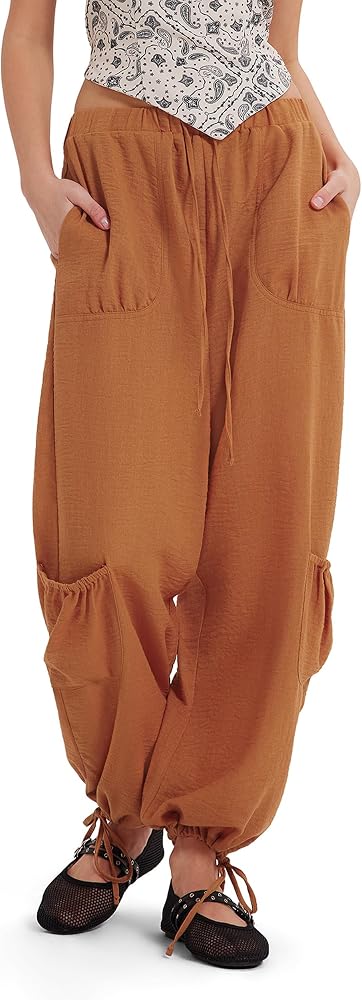 Linen Summer Capri Pants Drawstring Elastic Waist Wide Leg Pants Casual Straight Leg Pants with Pocket, Orange