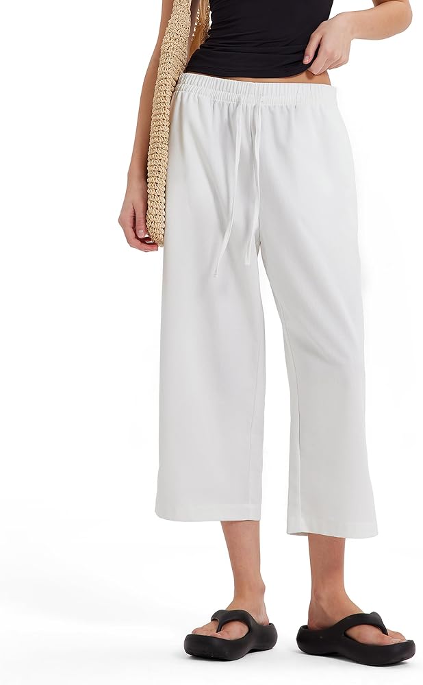 Linen Summer Capri Pants Drawstring Elastic Waist Wide Leg Pants Casual Straight Leg Pants with Pocket, White