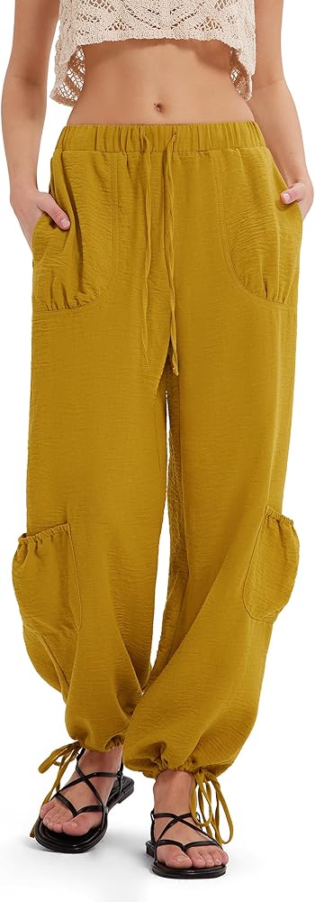 Linen Summer Capri Pants Drawstring Elastic Waist Wide Leg Pants Casual Straight Leg Pants with Pocket, Yellow