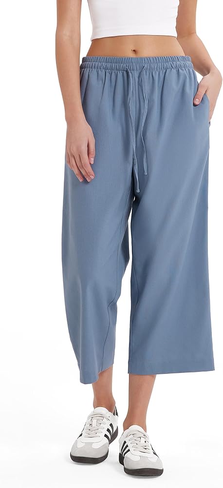 Linen Summer Capri Pants Drawstring Elastic Waist Wide Leg Pants Casual Straight Leg Pants with Pocket