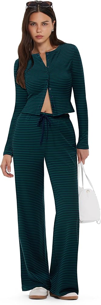 Long Sleeve 2 Piece Lounge Set Button Up Cardigan Matching Sets Wide Leg Y2K Airport Travel Outfits, Blue-Green Striped