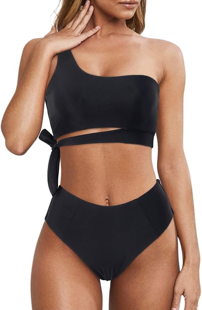 One Shoulder High Waisted Bikini Tie High Cut Two Piece Swimsuits