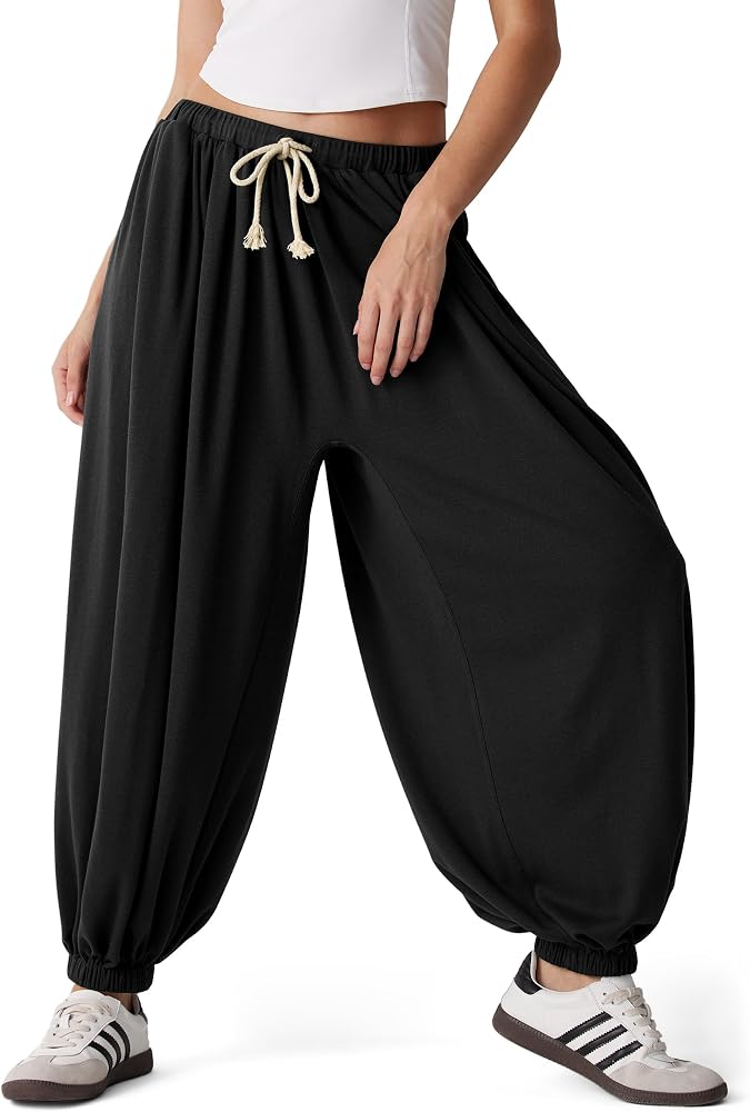 Pleated Balloon Pants Elastic Waist Baggy Harem Pant Comfy Loose Casual Workout Pants with Pockets, Black