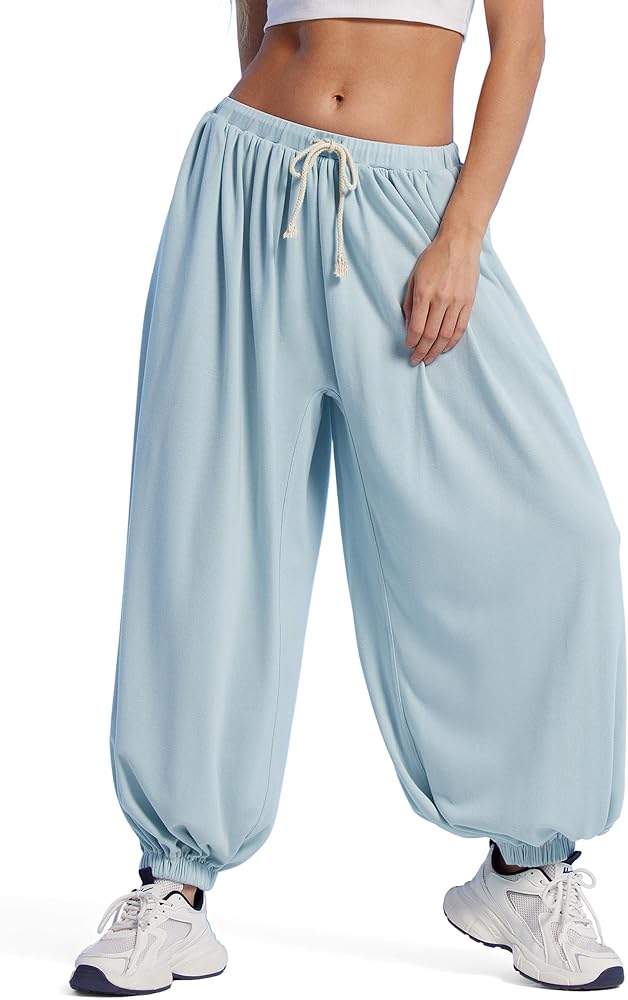 Pleated Balloon Pants Elastic Waist Baggy Harem Pant Comfy Loose Casual Workout Pants with Pockets, Light Blue