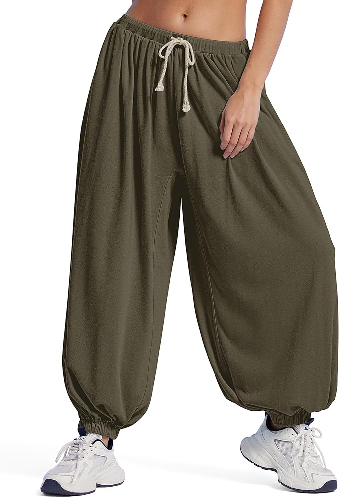 Pleated Balloon Pants Elastic Waist Baggy Harem Pant Comfy Loose Casual Workout Pants with Pockets
