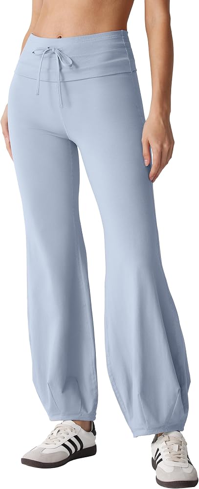Quick Step Bubble Pants Drawstring Fold Over Balloon Leggings Cotton Casual Yoga Active Pant, Blue