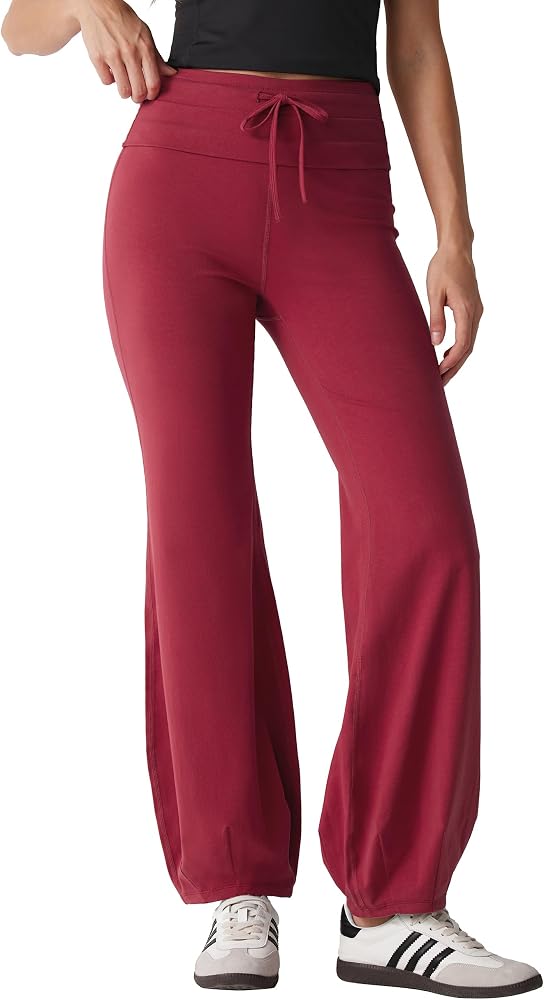 Quick Step Bubble Pants Drawstring Fold Over Balloon Leggings Cotton Casual Yoga Active Pant, Burgundy