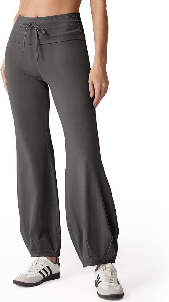 Quick Step Bubble Pants Drawstring Fold Over Balloon Leggings Cotton Casual Yoga Active Pant, Dark Gray