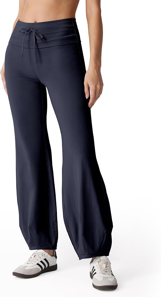Quick Step Bubble Pants Drawstring Fold Over Balloon Leggings Cotton Casual Yoga Active Pant, Navy Blue