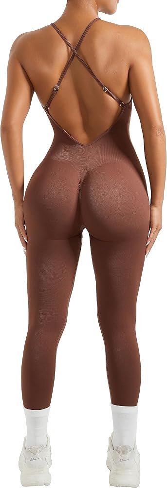 Strappy Backless One Piece Jumpsuits Tummy Control Padded Workout Rompers, Brown