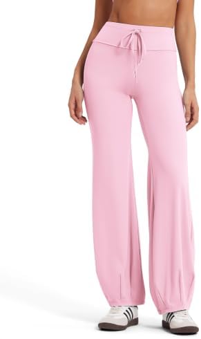 Wide Leg Yoga Pants Bubble Hem Fold Over Leggings Pants, Light Pink